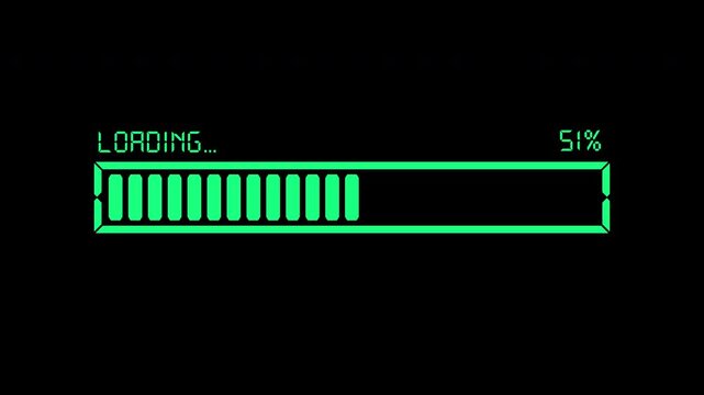 4k digital loading bar animation 0 to 100 percent with alpha channel, green LCD progress indicator isolated on transparent background