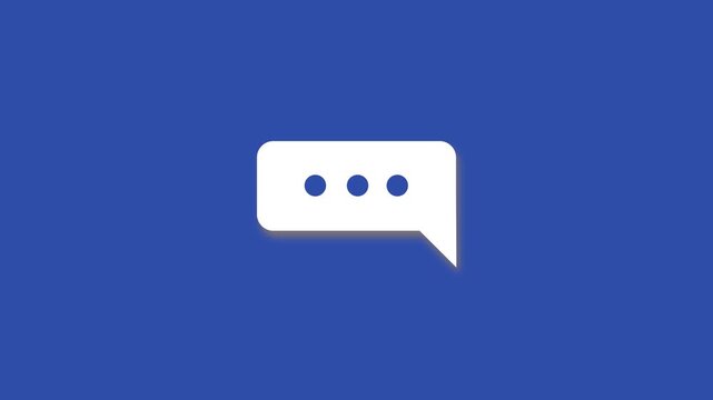 Flat minimalist white chat bubble icon on solid blue background. Animated message icon , 4k video.