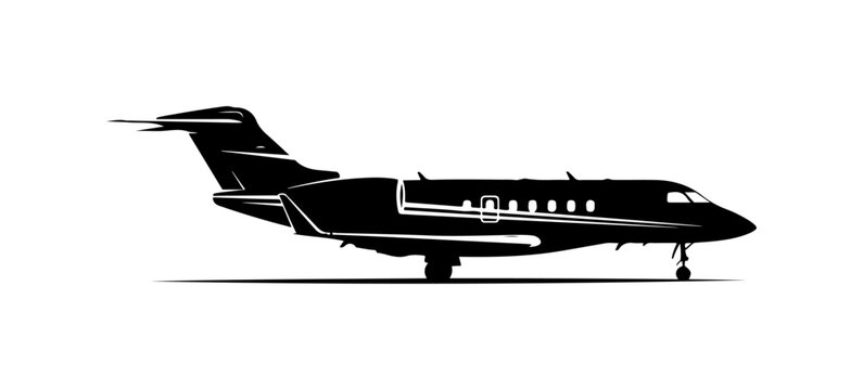Black private jet, airplane silhouette, aircraft icon, vector illustration
