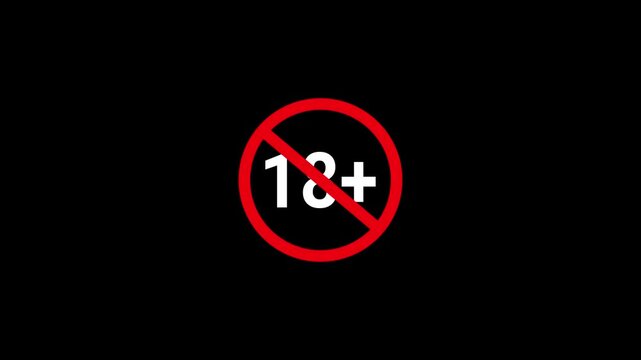 Red 18 plus age restriction warning icon. Adult content, parental advisory on black background , 4k video.