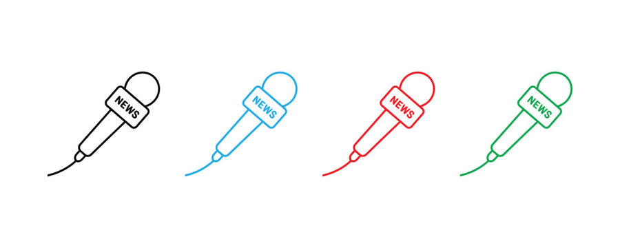Journalism news microphone and press interview icon set. Reporter media broadcasting equipment, television report speech audio mic symbol. Vector Illustration