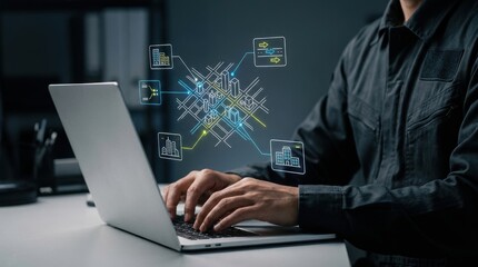 Fototapeta premium Specialist using laptop with glowing 3D city map hologram for urban planning, smart city infrastructure, digital twin technology modern technology business concept