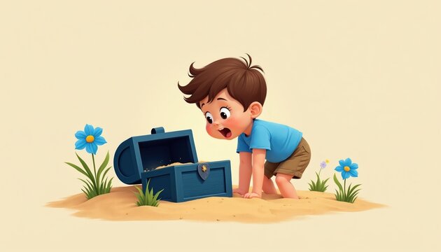 Cartoon boy explores buried treasure chest on sandy ground. Child opens mysterious blue box in soft sand, finds surprise. Cute kid discovers riches. Adventure awaits.