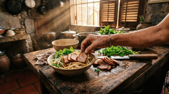 Cao Lau Noodles with Pork in Rustic Vietnamese Kitchen