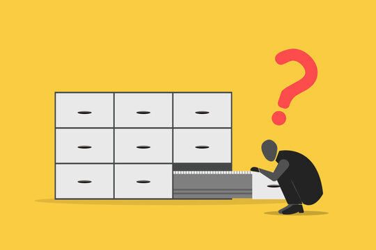 Business information management illustration showing Businessman searching filing cabinet records, representing data retrieval, organization, research, and problem solving