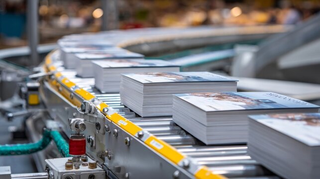 Stacks of magazines roll smoothly on factory conveyor belts