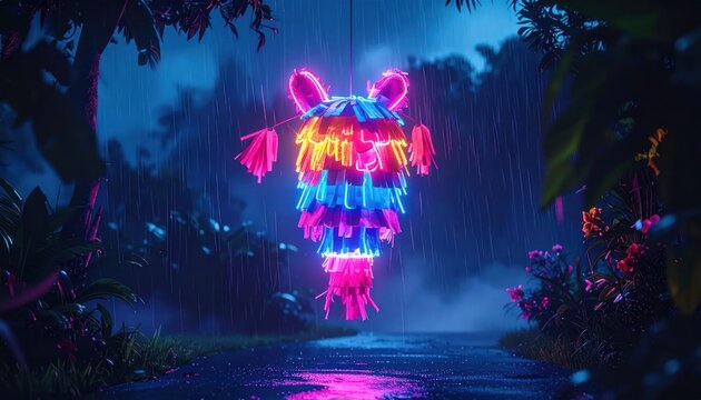 Glowing Neon Robot in Dark Forest.