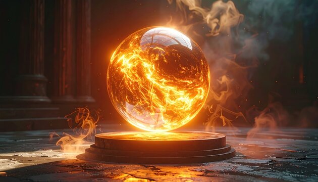 Glowing Orb on Pedestal with Flames.