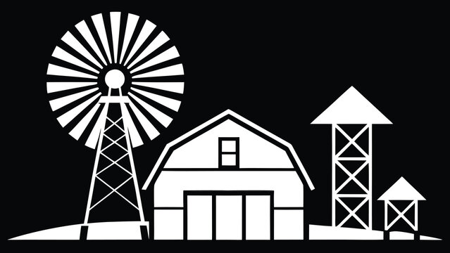 White windmill barn and silos on dark background representing agricultural industry and rural landscape