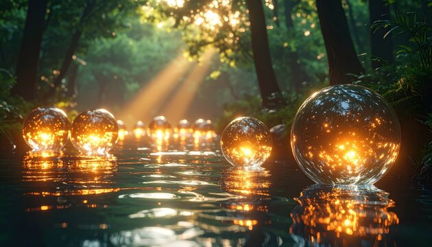 Glowing Orbs in Mystical Forest Lake.