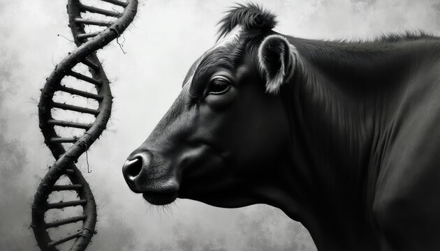 Monochrome cow portrait overlayed with DNA helix. Animal genetics research and livestock science exploration. Black and white, conceptual, science, biology, animal.