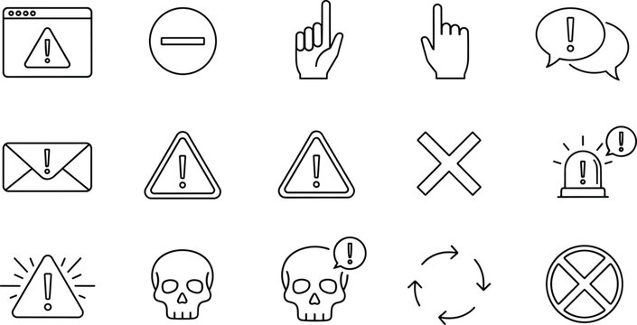Cyber security alert and error notification line icon set containing warning triangles skulls cross marks and stop symbols