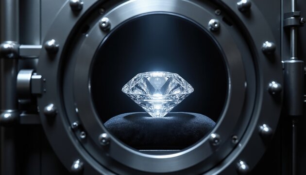 Large shiny diamond rests on velvet cushion inside secure bank vault. Heavy steel door protects valuable gem. Luxury wealth and investment security.