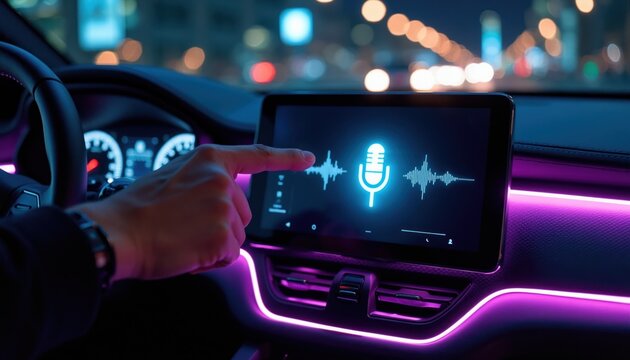 Driver uses car dashboard touchscreen interface for voice command input. Digital display shows microphone icon and audio waveform. Interior lights glow purple.