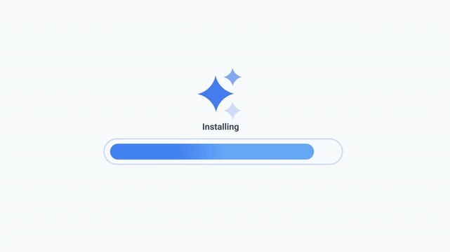 Animated installation progress bar with setup status indicator and decorative sparkles on a clean interface. Ideal for software installation, application setup, system deployment, updates, and technol