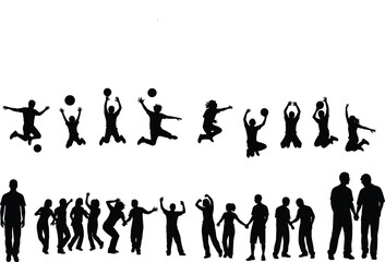 Obraz premium Large collection of black silhouettes featuring people playing volleyball jumping dancing and interacting isolated on white background