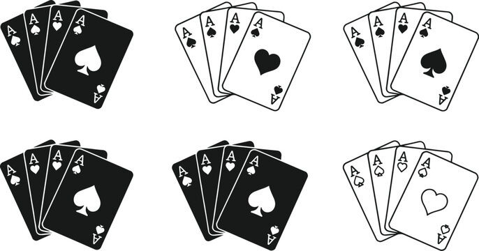 Four aces playing cards combination vector icon set in black silhouettes and outlines isolated on white background