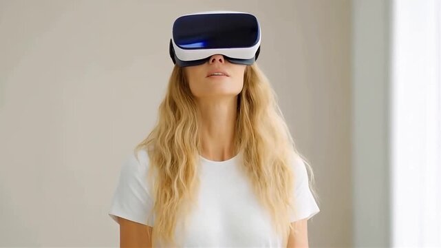 Woman Wearing VR Headset Exploring a Virtual Reality Experience.
