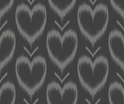 Gray ikat heart seamless pattern with handwoven textile style. Neutral dark tones, ideal for fabric, wallpaper, wrapping paper, packaging, and home decor.