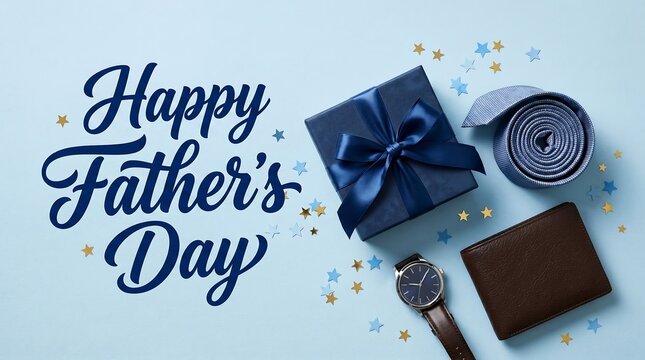 Happy fathers day greeting card with gift box, tie, watch and wallet