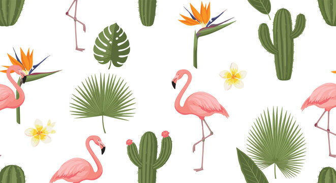 Tropical seamless pattern featuring pink flamingos cacti exotic flowers and palm leaves on white background for summer vacation theme design.