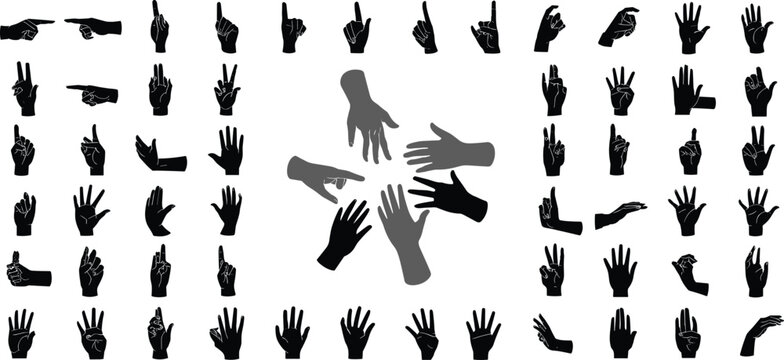 Black hand silhouettes set with various gestures, counting fingers, pointing signals, and community hands circle vector illustration isolated on white background,
