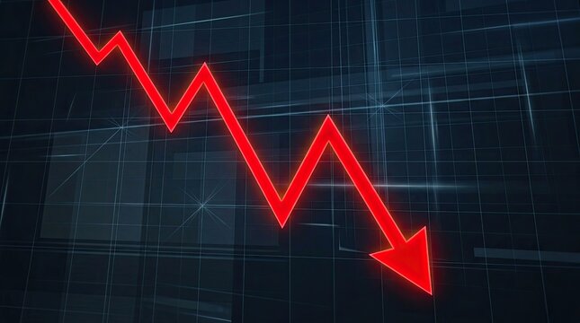 Red Arrow Graph Showing Sharp Decline on Dark Grid Background.