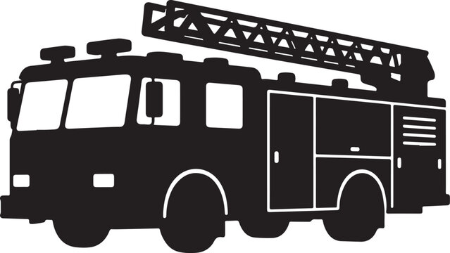 Black silhouette of a fire engine truck with an extended ladder on a white background