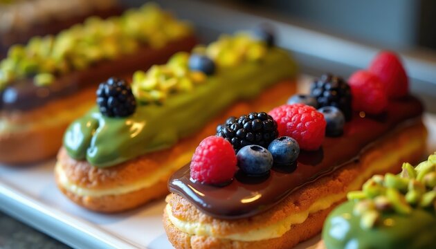 Assortment of eclairs with colorful glazes and fresh berries. Pastry chef decorates gourmet desserts with chocolate glaze pistachios and fruit. Delicious sweets are ready for sale.