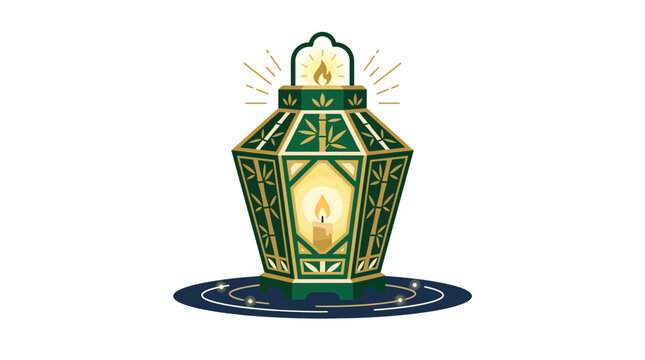 Ornate Green Lantern with Candle Flame and Light Rays, Ramadan Islamic Decoration