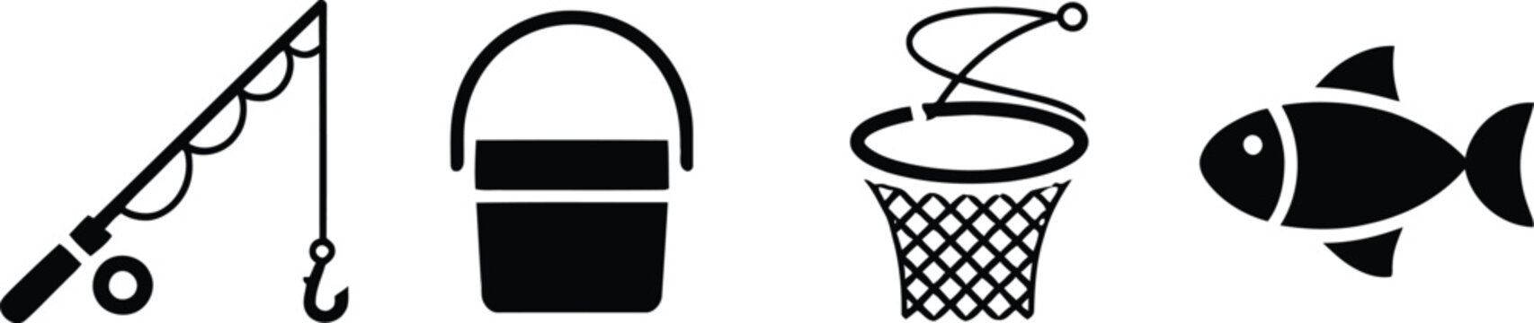 Fishing gear vector icon set with rod bucket net and fish equipment recreation activity isolated