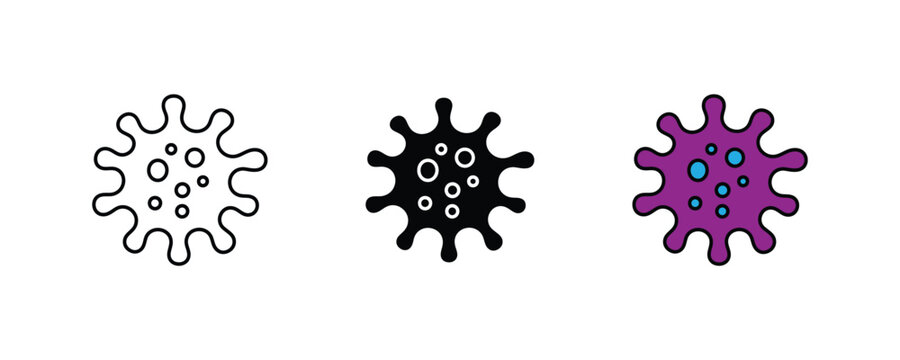Coronavirus bacteria and microscopic virus cell icon set. Infection disease pandemic outbreak, medical laboratory microbiology epidemiology hazard, purple pathogen organism symbol. Vector Illustration