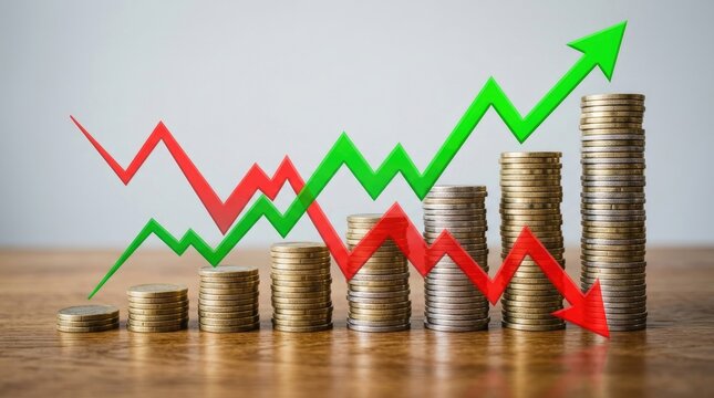 Financial Growth and Decline Illustrated with Coins and Graphs.