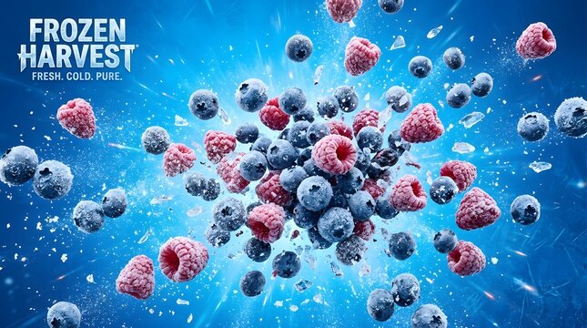 Frozen blueberries and raspberries exploding outward mid-air, ice crystals visible, electric blue background, high-speed photography style, no people, frozen food brand commercial advertisement

