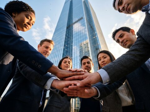 A diverse group of business professionals stacking their hands together in unity outdoors