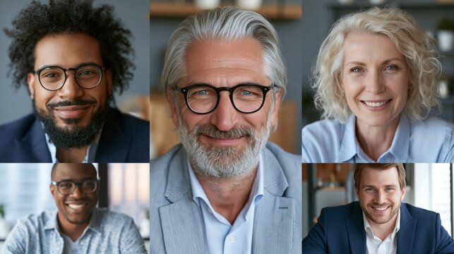 Diverse team of business portrait in split screen video conference with smiling professional men and woman, remote meeting, office background