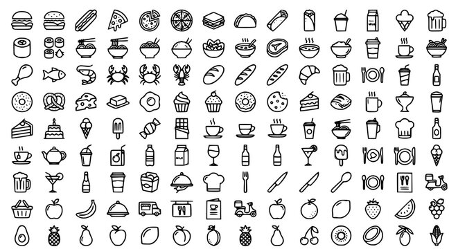 Food and Drink Outline Icons Set with 80 Editable Stroke Restaurant Beverage and Meal Symbols