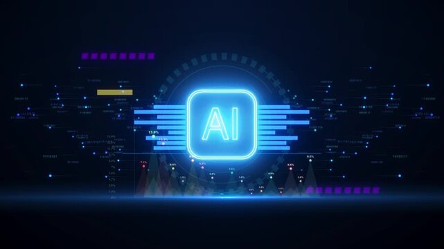 Artificial intelligence AI microchip technology background, abstract glowing neon processor icon with digital data network.