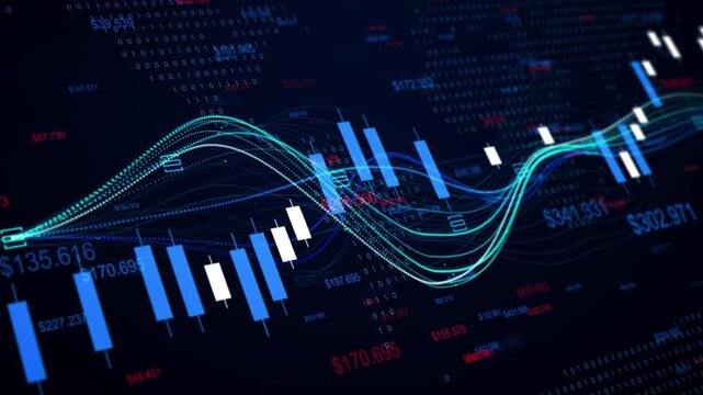 Abstract financial graph analytics visualization, perspective digital economy revenue growth chart with binary code.