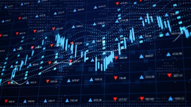 Futuristic stock market trading dashboard with digital tickers, abstract financial indicators with red and blue arrows on data grid background.