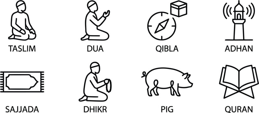 Islamic icons set with religious symbols and actions