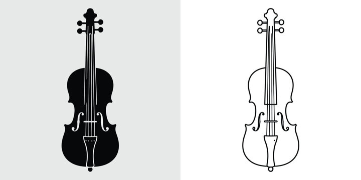 A set of violin icons featuring both a solid black silhouette and a clean line art outline, representing musical instruments for design projects.