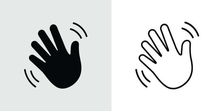 A set of two waving hand icons, one solid black and one outline, representing a greeting or farewell gesture, isolated on a split background.