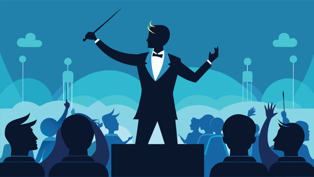 Conductor leading orchestra with audience applause during a vibrant musical performance with blue illuminated stage and sky