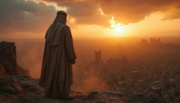 Man in robe overlooks city ruins at sunset. Ancient prophet gazes at destroyed ancient town. Biblical scene of despair. Hope for rebuilding arises.