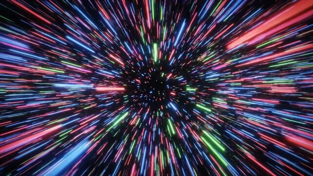 Abstract colorful light speed hyperspace starfield flight through universe black hole background
