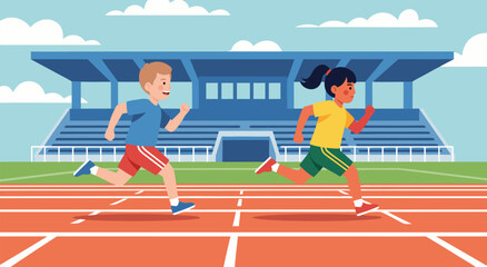 Fototapeta premium Dynamic boy and girl athlete racing on track field vector illustration for sports competition concept