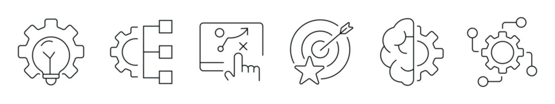Business strategy line icon set featuring lightbulb, gear, target, brain, flow chart, planning, innovation and optimization. editable stroke vector set. professional management icons.