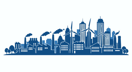 Obraz premium Sustainable Industrial City Skyline Vector Illustration Featuring Wind Turbines and Manufacturing Plants for Renewable Energy Concepts in EPS Format