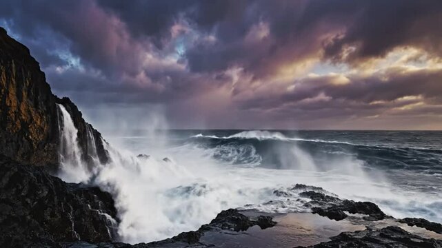 Epic ocean wave crashing against the rocky coastline under a dramatic stormy sky in a beautiful natural landscape.